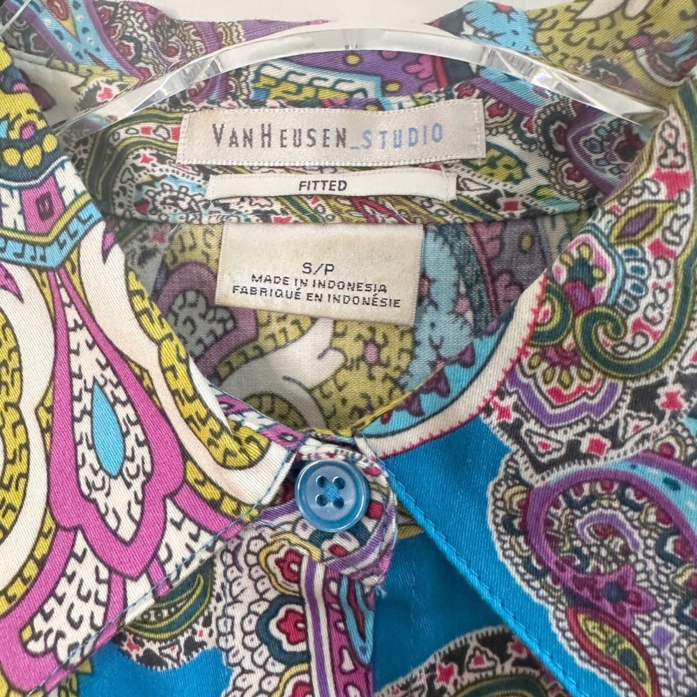 Van Heusen Studio Womens Blue Paisley Cotton Button Down Fitted Blouse Small - Picture 3 of 5